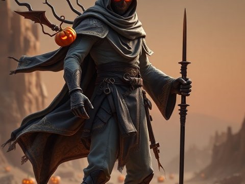 Dark Hooded Warrior with Glowing Eyes and Halloween Pumpkins