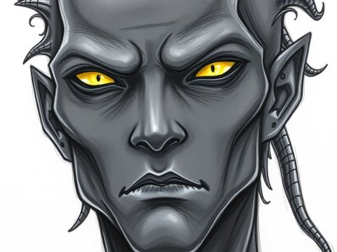 Dark Horned Humanoid with Piercing Yellow Eyes
