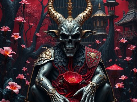 Dark Horned Skeleton Guardian in Enchanted Red Forest