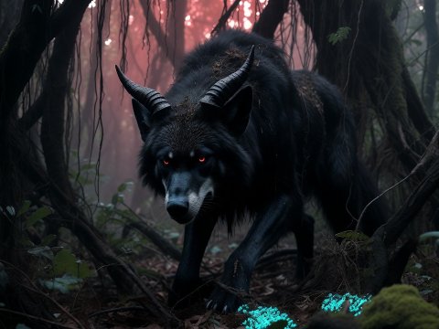 Dark Horned Wolf with Glowing Red Eyes in Enchanted Forest