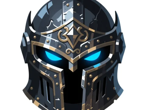Dark Iron Knight Helmet with Glowing Blue Eyes