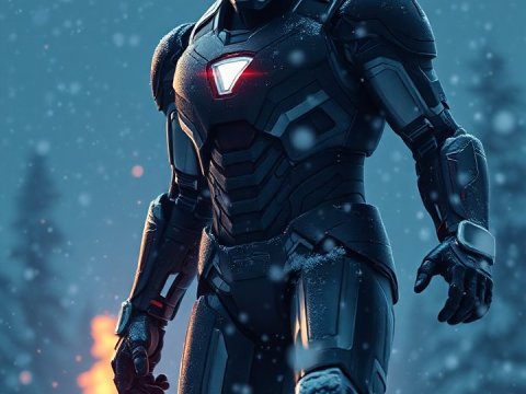 Dark Ironman in Snowy Winter Night