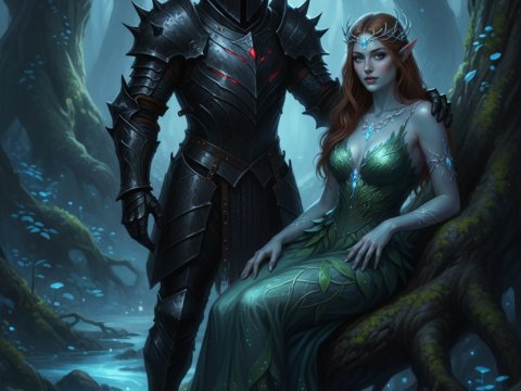 Dark Knight and Elven Queen in Enchanted Forest
