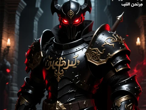 Dark Knight in Ornate Black Armor with Glowing Red Eyes