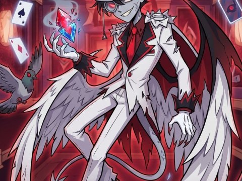 Dark Magician in White Suit with Wings and Playing Cards