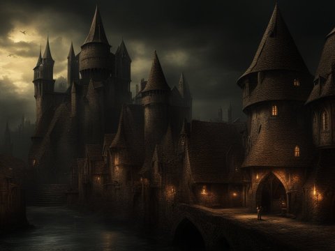Dark Medieval City at Dusk with Illuminated Castle Towers