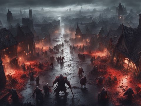 Dark Medieval Town with Cloaked Figures at Dusk