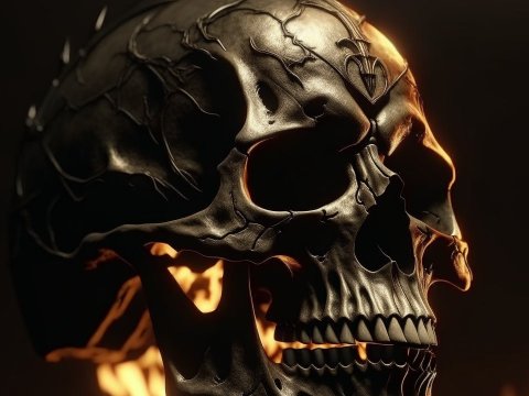 Dark Metallic Skull with Fiery Background