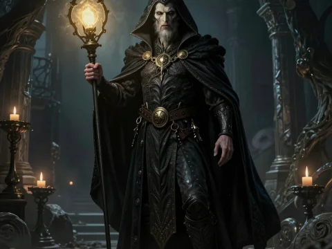 Dark Necromancer Protagonist in Gothic Ruins