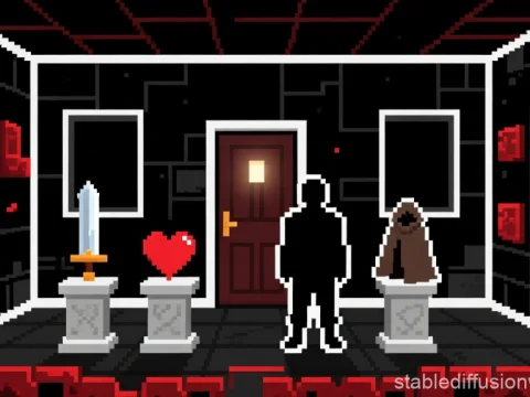 Dark Pixel Art Room with Sword, Heart, and Cloak