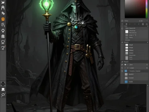 Dark Plague Doctor with Glowing Green Staff