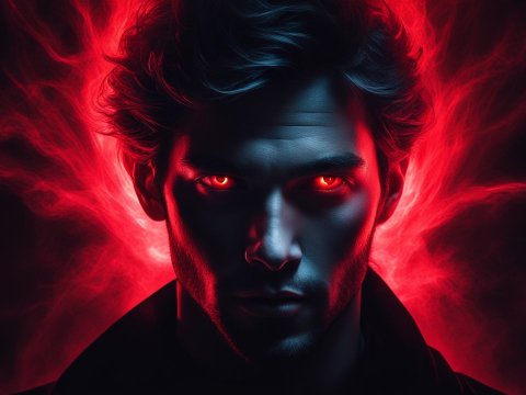 Dark Portrait of a Man with Glowing Red Eyes and Fiery Aura