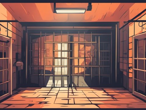 Dark Prison Cell Interior with Bars and Shadows