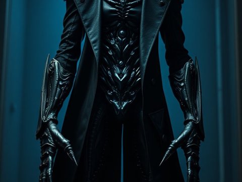 Dark Punk Alien with Red Glowing Eyes in Futuristic Armor