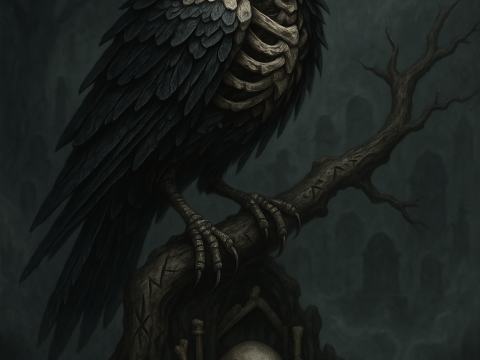 Dark Raven with Skeletal Chest and Red Eye Perched on Bone-Laden Branch