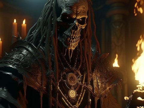 Dark Skeleton Warrior Holding a Flaming Torch in Gothic Setting
