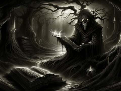 Dark Sorcerer Reading Ancient Tome in Haunted Forest