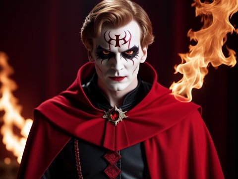 Dark Sorcerer with Fiery Eyes and Red Cloak