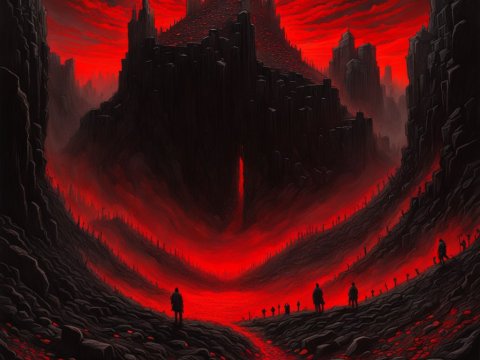 Dark Souls Landscape with Red Moon and Shadowy Figures