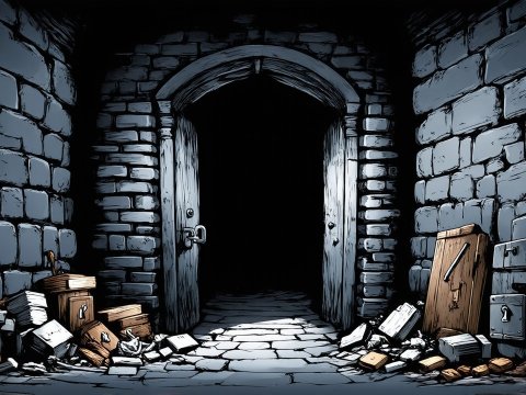 Dark Stone Archway with Scattered Wooden Crates