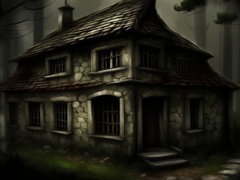 Dark Stone Cottage in a Foggy Forest