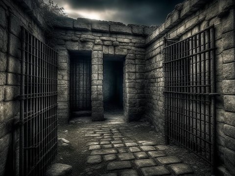 Dark Stone Dungeon Corridor with Iron Cell Doors