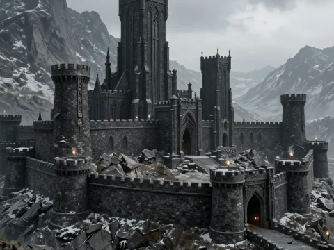 Dark Stone Fortress Amidst Snowy Mountains