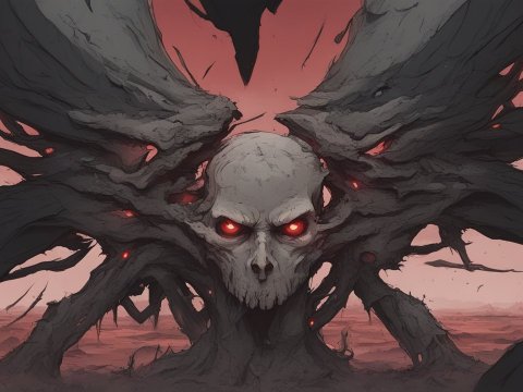 Dark Twisted Skull with Glowing Red Eyes in a Surreal Landscape