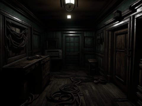 Dark Vintage Room with Coiled Ropes and Wooden Furniture