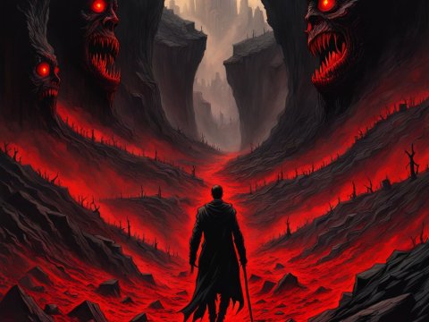 Dark Wanderer in a Hellish Gorge with Fiery Demonic Faces