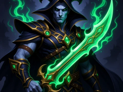Dark Warlock with Glowing Green Blade