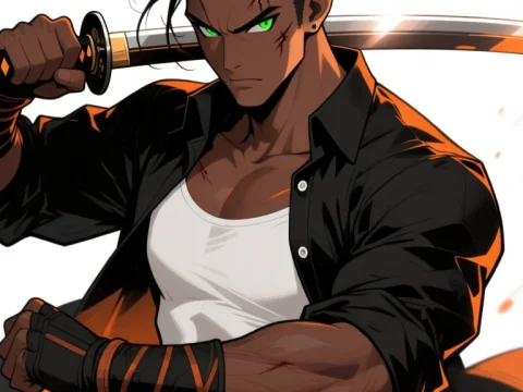 Dark Warrior Samurai with Intense Green Eyes