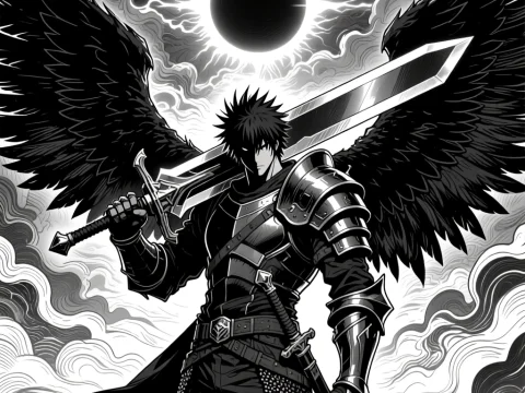 Dark Winged Warrior Under Solar Eclipse