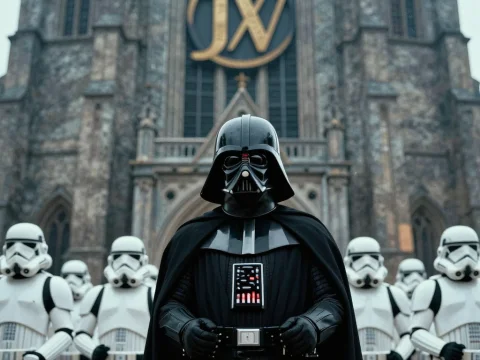 Darth Vader and Stormtroopers in Front of Gothic Cathedral