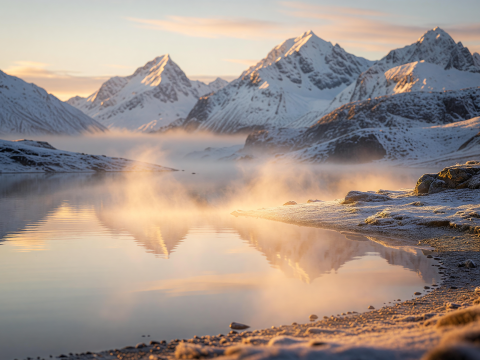 Dawn's Golden Mist Over Serene Alpine Lake