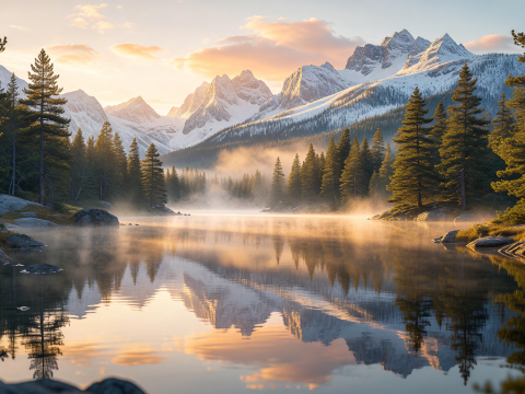 Dawn's Golden Mist Over Serene Mountain Lake