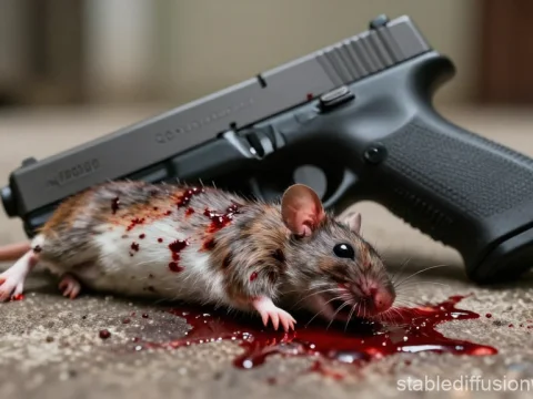 Dead Mouse with Blood and Handgun on Concrete
