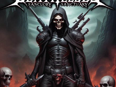 Deathless Sanctuary: Dark Warrior with Skulls and Weapons