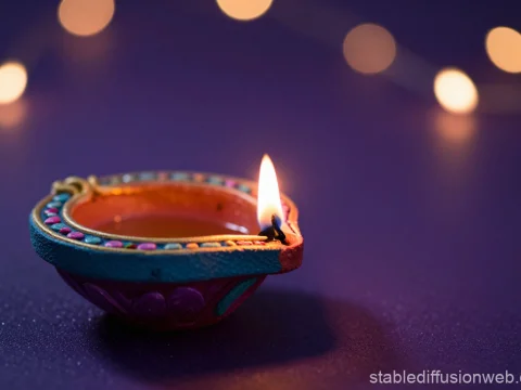 Decorative Blue and Gold Diya Lamp with Flame