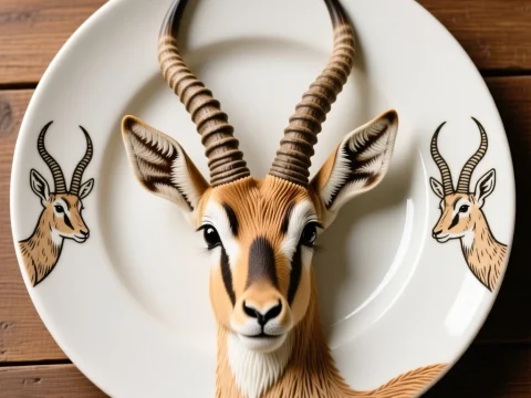 Decorative Plate Featuring Realistic Gazelle Head and Illustrations