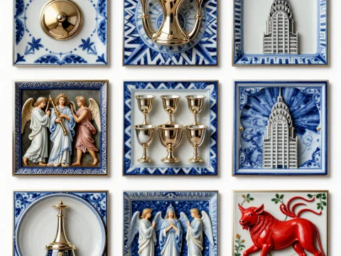 Decorative Tiles Featuring Seven Seals and Scarlet Bull Motif