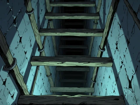 Deep Vertical Shaft with Wooden Ladder in Anime Style