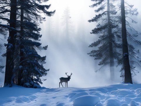 Deer in a Misty Snowy Fir Forest