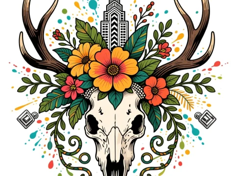 Deer Skull with Floral Crown and Urban Skyline
