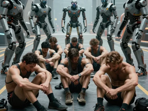 Defeated Futuristic Sports Team Surrounded by Robots