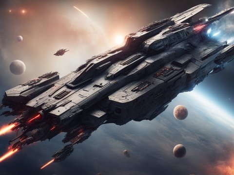 Defender Space Destroyer in Orbit with Planets