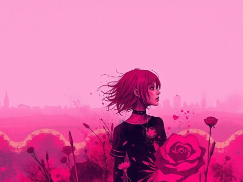 Degenerate Punk Girl with Rose in Pink Urban Landscape