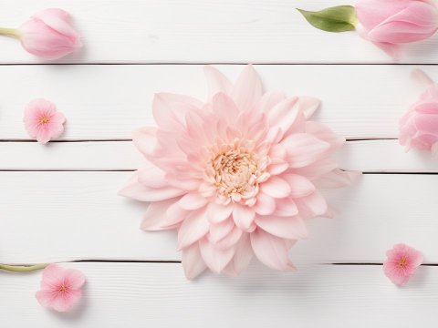 Delicate Pink Flowers on White Wooden Background