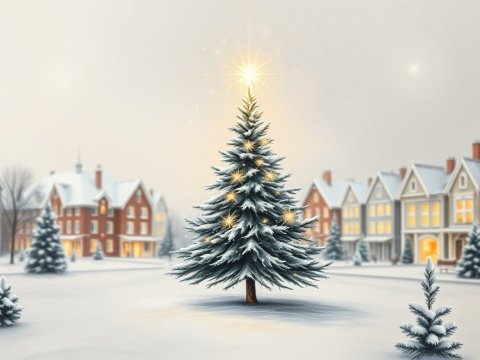 Delicate Snow-Covered Christmas Tree in a Quiet Neighborhood