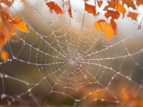 Delicate Spider Web with Dew Drops in Autumn